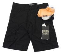 Nové - 4set - Černé plátěné cargo kraťasy + 3x ponožky - černé + šedé + oranžové