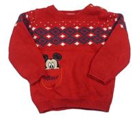 Červeno-modrý vzorovaný svetr s Mickeym Disney