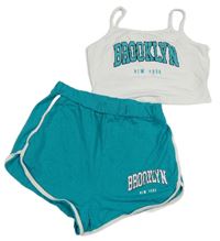 2 set - Zelené kraťasy s nápisem + bílý crop top s nápisem shein