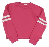 Růžová crop mikina s bílými pruhy na rukávech 