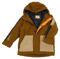 Hnědo-tmavomodrá šusťáková zimní bunda s nápisem a kapucí Reserved