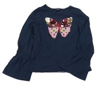 Tmavomodré triko s motýlkem z flitrů 