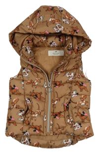 Hnědá šusťáková zateplená vesta s pejsky a kapucí H&M