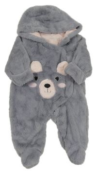 Šedá kožešinová podšitá kombinéza s medvědem a kapucí Pep&Co