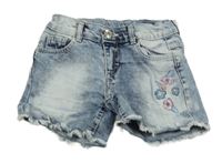 Tmavomodro-bílé melírované riflové kraťasy s květinami 