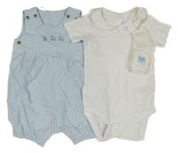 Nové - 3 set - bílé body s límečkem + bílé podkolenky + světlemodrý kraťasový overal Next