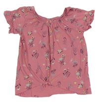 Růžové tričko s květinami a uzlem kids