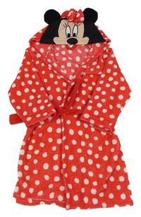 Červený chlupatý puntíkatý župan s Minnie a kapucí