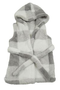 Bílošedá kostkovaná plyšová vesta s kapucí Shein