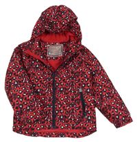 Červeno-tmavomodro-bílá šusťáková zimní bunda s leopardím vzorem a kapucí Kuniboo