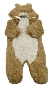 Hnědo-bílá kožešinová zateplená kombinéza s kapucí - medvěd 