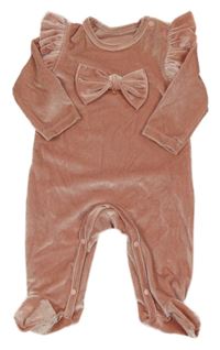 Růžový sametový overal s volánky a mašlí Shein