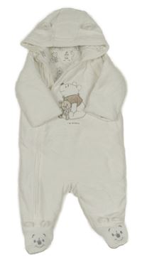 Bílá sametová žebrovaná zateplená kombinéza s medvídkem Pú a kapucí C&A