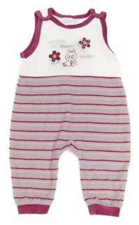 Růžovo-bílo-šedé pruhované sametové laclové tepláky s výšivkami 