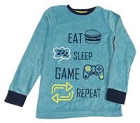 Světlemodré sametové pyžamové triko s nápisy a obrázky 