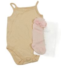 2set - meruňkové puntíkaté body + světlerůžové perforované podkolenky s 3D mašlemi 