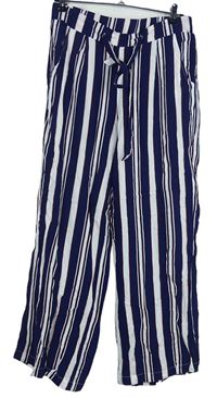 Dámské tmavomodro-bílo-červené pruhované volné kalhoty s páskem Primark 