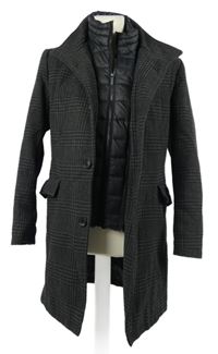 Pánský černo-šedý kostkovaný vlněný kabát C&A