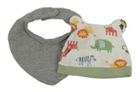 2set- bílá čepice se zvířátky+ šedý slintál