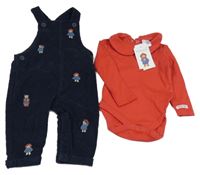 Nové - 2set- Tmavomodré laclové manšestráky Paddington + červené body