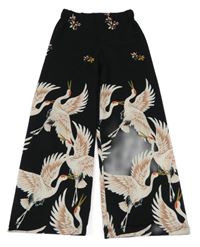 Černo-barevné lehké wide leg kalhoty s ptáky a květinami 