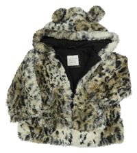 Béžovo-hnědá leopardí kožešinová bunda s kapucí Matalan