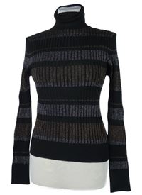Dámský černo-stříbrno-bronzový žebrovaný svetr s rolákem 
