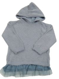 Světlemodrošedý chlupatý svetr s tylem a kapucí Tu