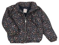 Tmavomodrá šusťáková prošívaná zimní bunda s kytičkami Lefties