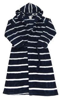 Tmavomodro-světlemodrý pruhovaný chlupatý župan s kapucí 