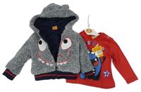 Nové - 2set - Tmavomodro-bílá chlupatá propínací mikina s kapucí + červené triko s příčerkou 