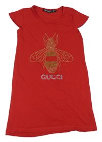 Červené šaty se včelkou s kamínků Gucci 