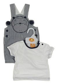 2Set - Tmavoomdro/bílé pruhované plátěné laclové kraťasy s opičkou + bílo/tmavomodré tričko Cheeky Chimp