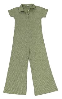 Khaki melírovaný úpletový kalhotový culottes overal s límečkem Tu