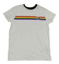 Bílo-černé tričko se srdíčkem a barevnými pruhy PRIMARK