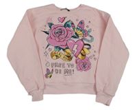 Světlerůžová crop mikina s růžemi a motýlky a srdíčky George