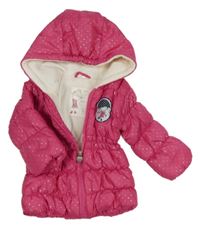 Tmavorůžový puntíkatý prošívaný šusťákový zimní kabát s holčičkou a kapucí ZEEMAN