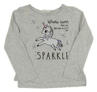 Světlešedé melírované triko s jednorožcem z flitrů a nápisy H&M