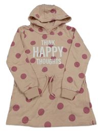 Pudrová puntíkatá tepláková šatová tunika s nápisy a kapucí dopodopo