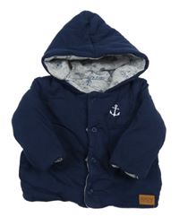 Tmavomodrý zateplený oboustranný kabátek s kotvou a kapucí Topomini