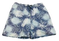 Tmavomodro-světlemodré plážové kraťasy s listy a květy 