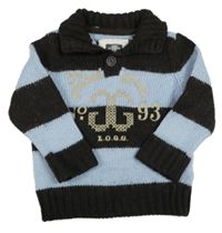 Hnědo-světlemodrý pruhovaný vlněný svetr s číslem H&M