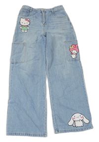 Světlemodré šisované cargo wide leg rifle s Kitty s kamarády PRIMARK