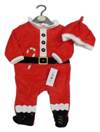 Nové - 2Set - Červeno-bílo-černý sametový vánoční overal s límečkem + čepice - Santa St. Bernard