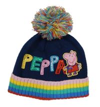 Tmavomodro-barevná pletená čepice s Peppou a bambulí George