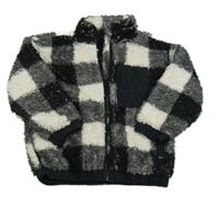 Černo-bílá kostkovaná chlupatá propínací mikina s kapsou George