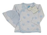 Nové - 2set - Bílé zavinovací triko s hvězdami + bílo-světlemodrá pruhovaná bavlněná čepice