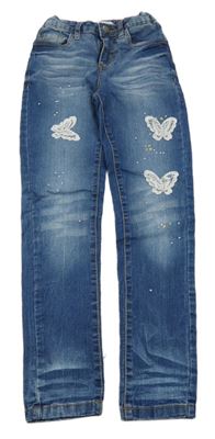 Modré skinny rifle s krajkovými motýly a kamínky John Baner