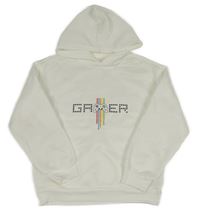 Bílá mikina s ovladačem s nápisem a kapucí