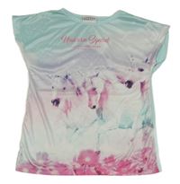 Světlemodro-bílo-růžové sportovní tričko s koňmi Infinity Kids